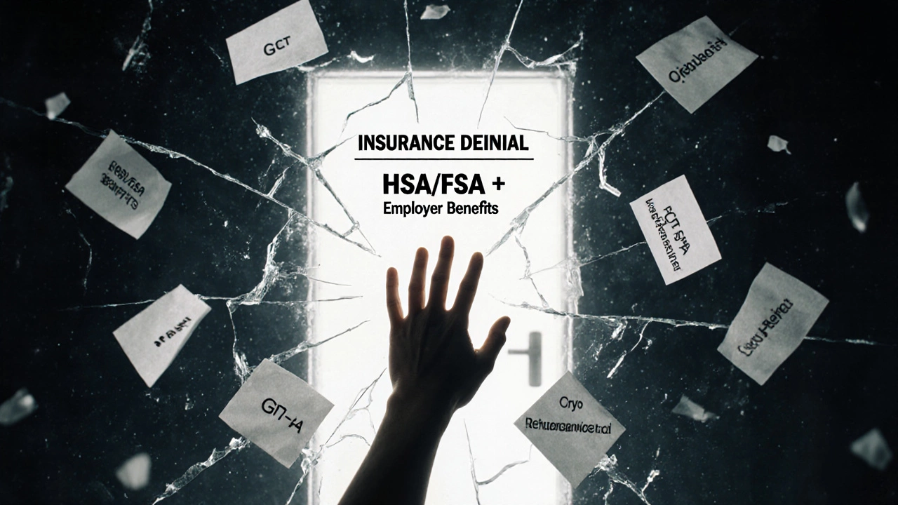 Hand reaching through broken insurance barrier toward fertility financial options.