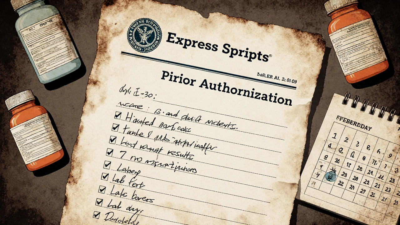 Handwritten prior authorization letter with Express Scripts letterhead, checkmarks, and medical documents on aged paper.
