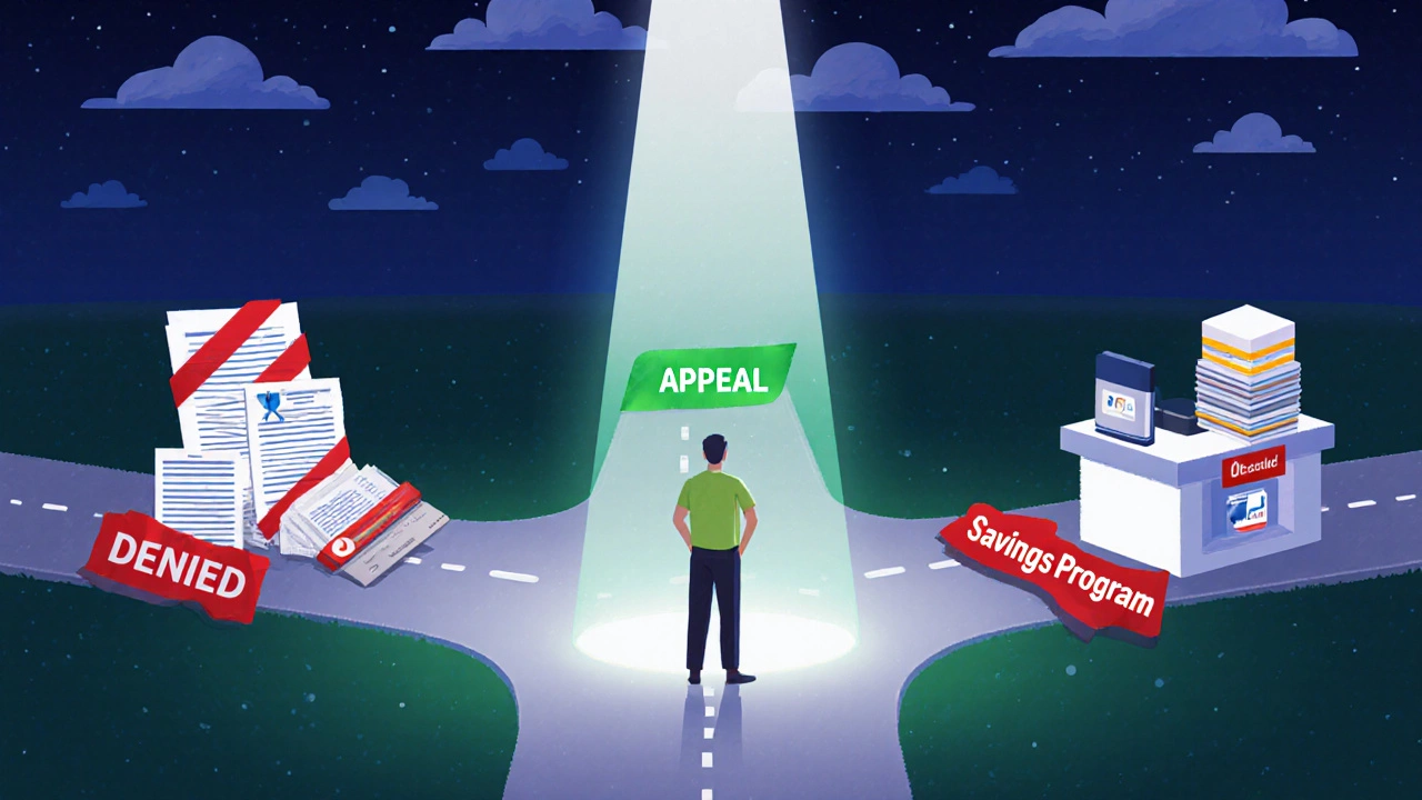 Person at a crossroads choosing between denied claim, appeal, and savings program paths under symbolic lighting.