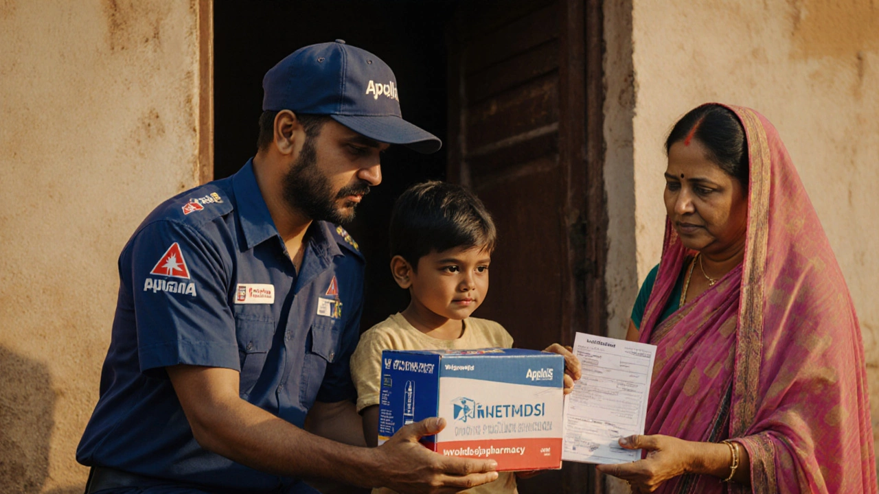 Rural Indian family receiving medicine delivery from branded courier with cold-chain insulin box visible.