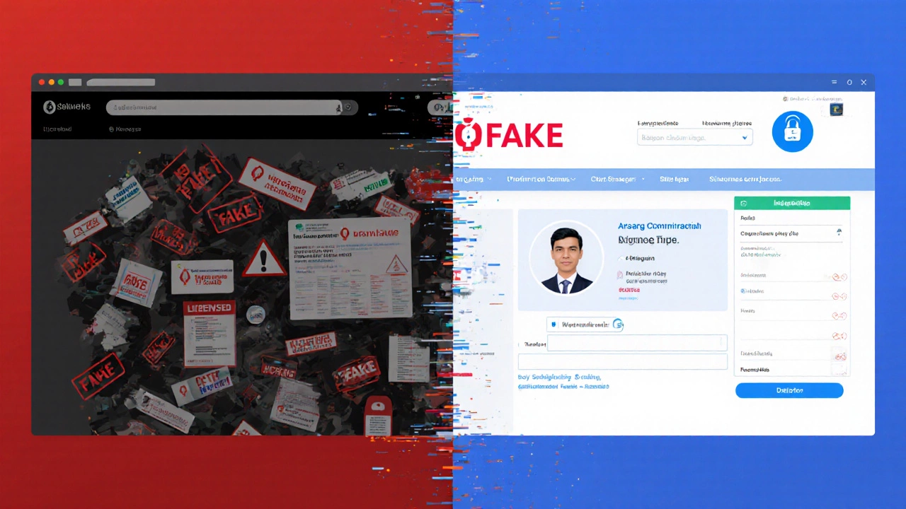 Split-screen: fake online pharmacy on left, legitimate licensed pharmacy on right with clear safety indicators.