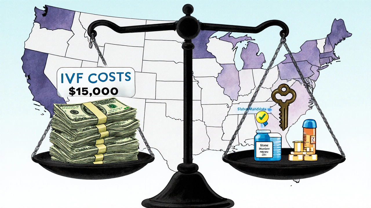 Symbolic scale balancing IVF costs against state coverage mandates.