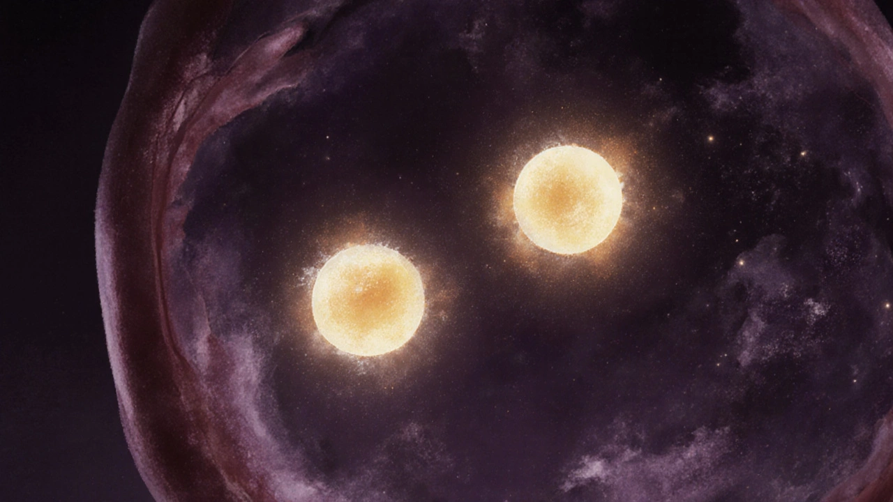 Two embryos floating in a uterine environment, one implanting, symbolizing IVF biology.