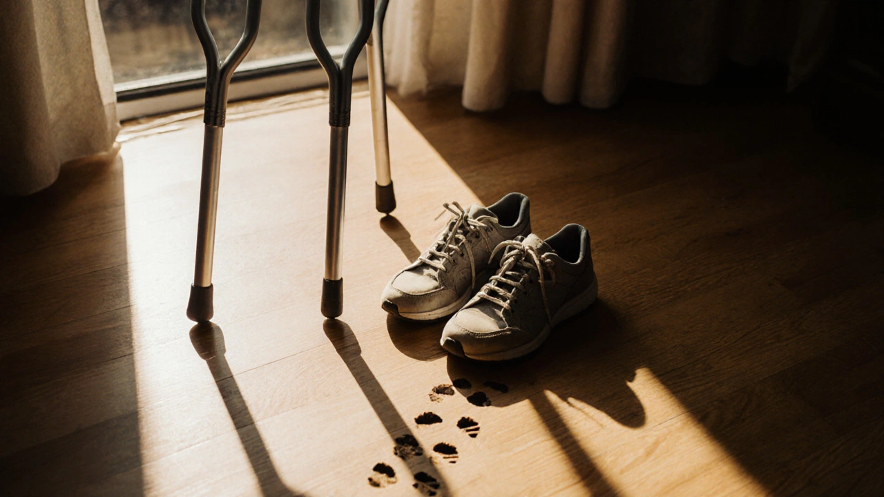 Worn sneakers beside crutches with footprints leading from crutches to shoes, symbolizing return to movement.