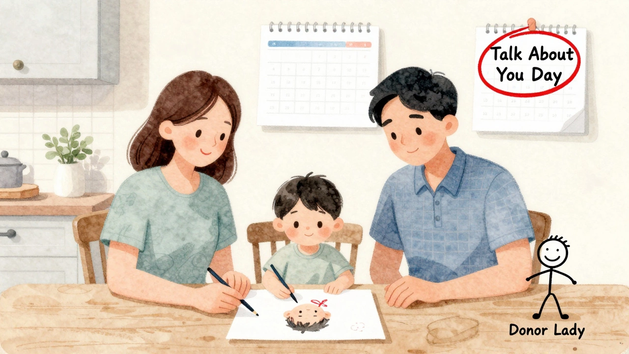 A child drawing a family portrait that includes a labeled donor figure on the kitchen table.