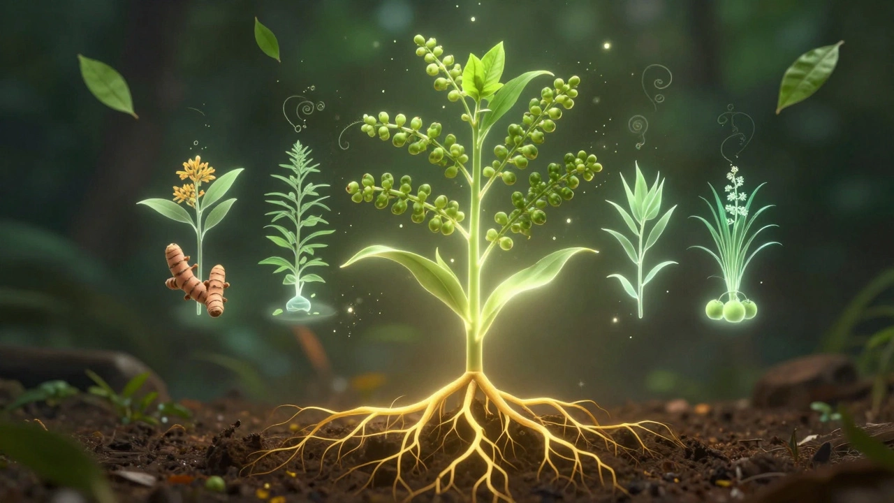 A glowing tulsi plant with golden roots connecting to silhouettes of other medicinal herbs in an ethereal spiritual scene.