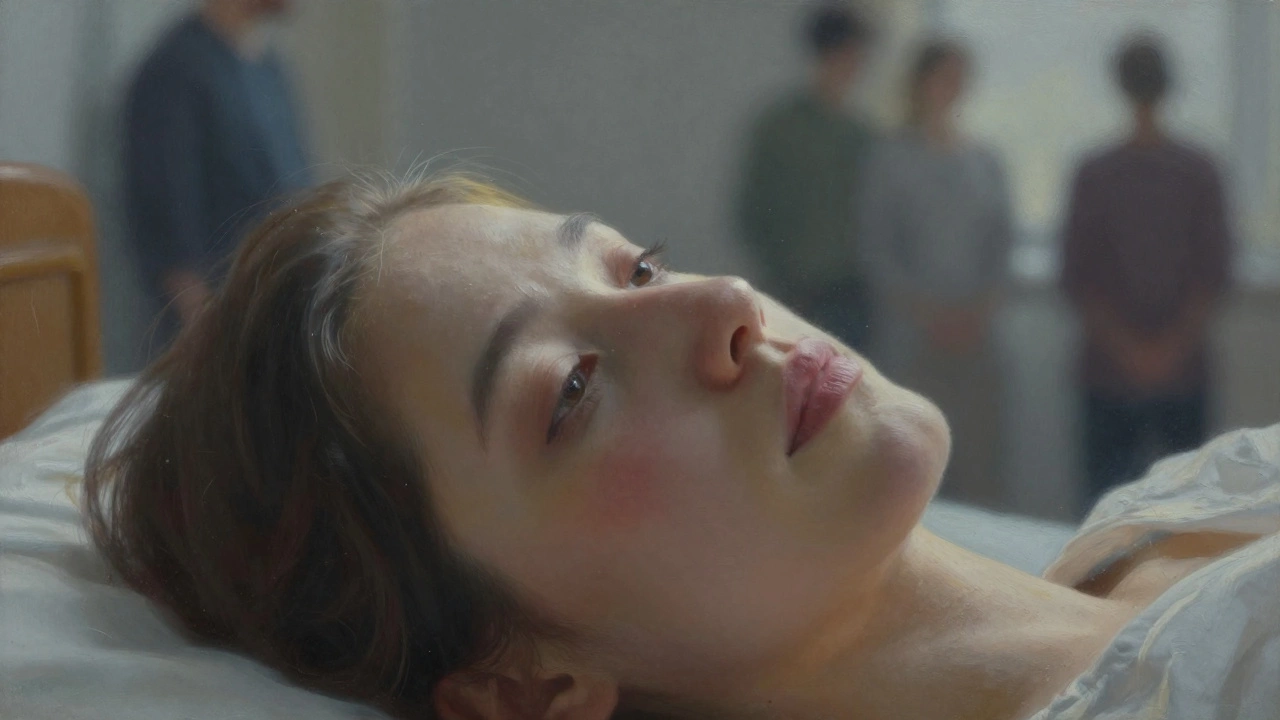 A person&#039;s face, eyes unfocused, as if seeing loved ones beyond, with morning light softly illuminating their features.