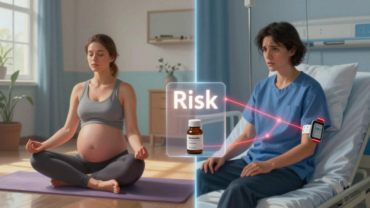A pregnant woman meditating on one side, a patient in hospital on the other, separated by a risk barrier.