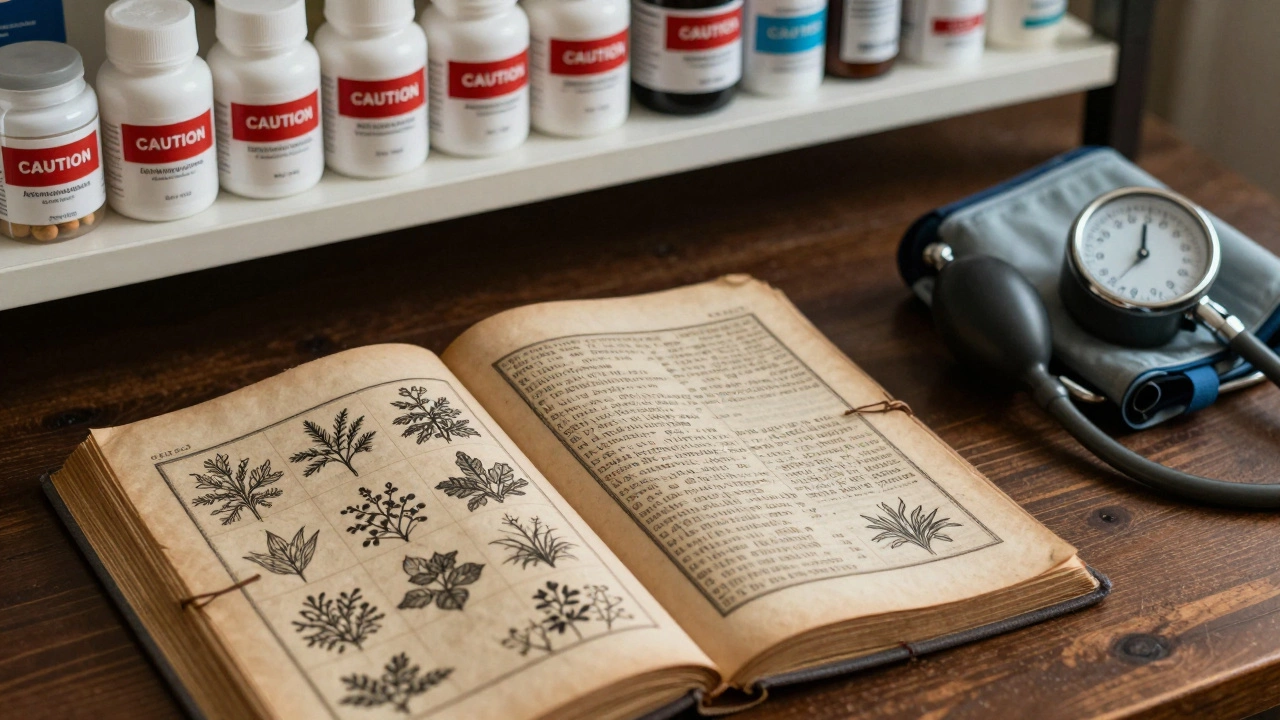 An ancient Ayurvedic manuscript beside modern ashwagandha supplements with caution labels.