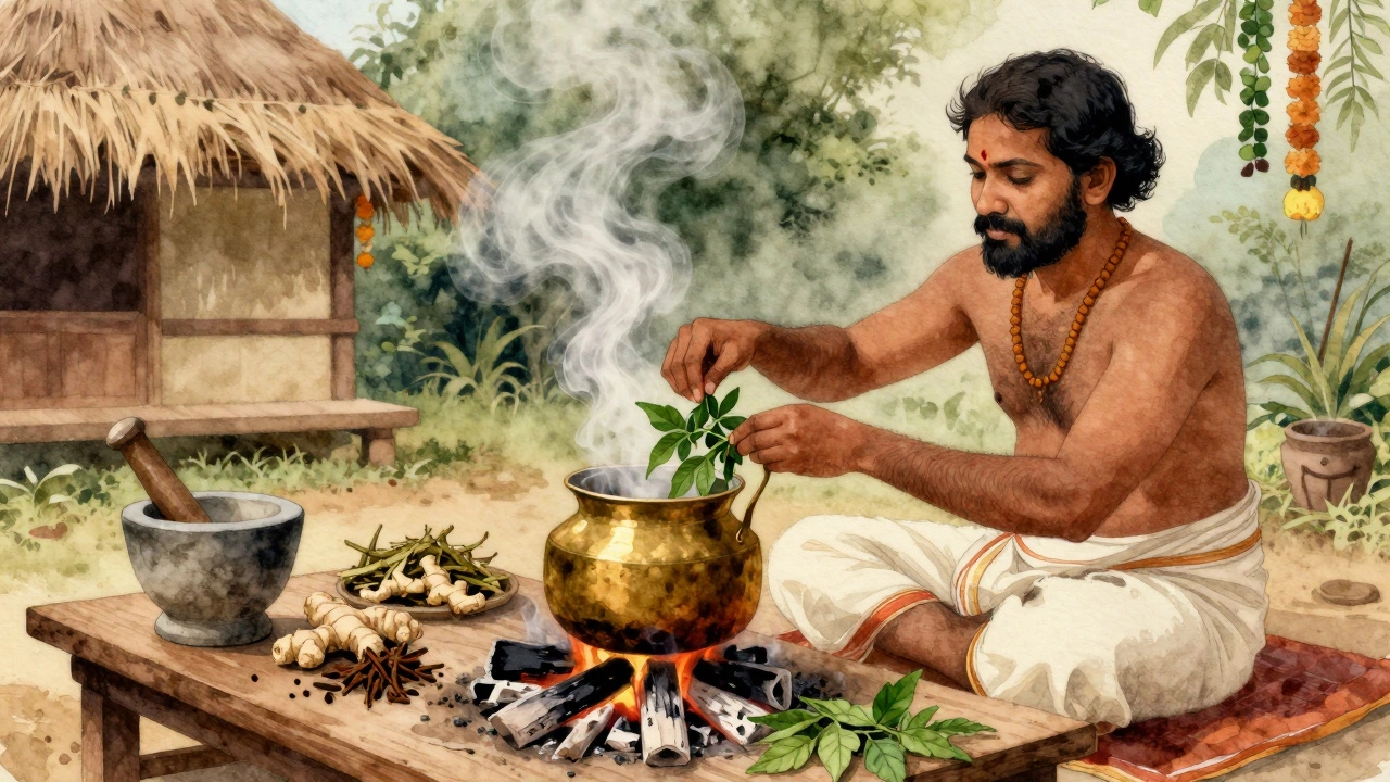 An Ayurvedic practitioner brewing tulsi tea over a fire with dried herbs on a wooden table in a rural village.