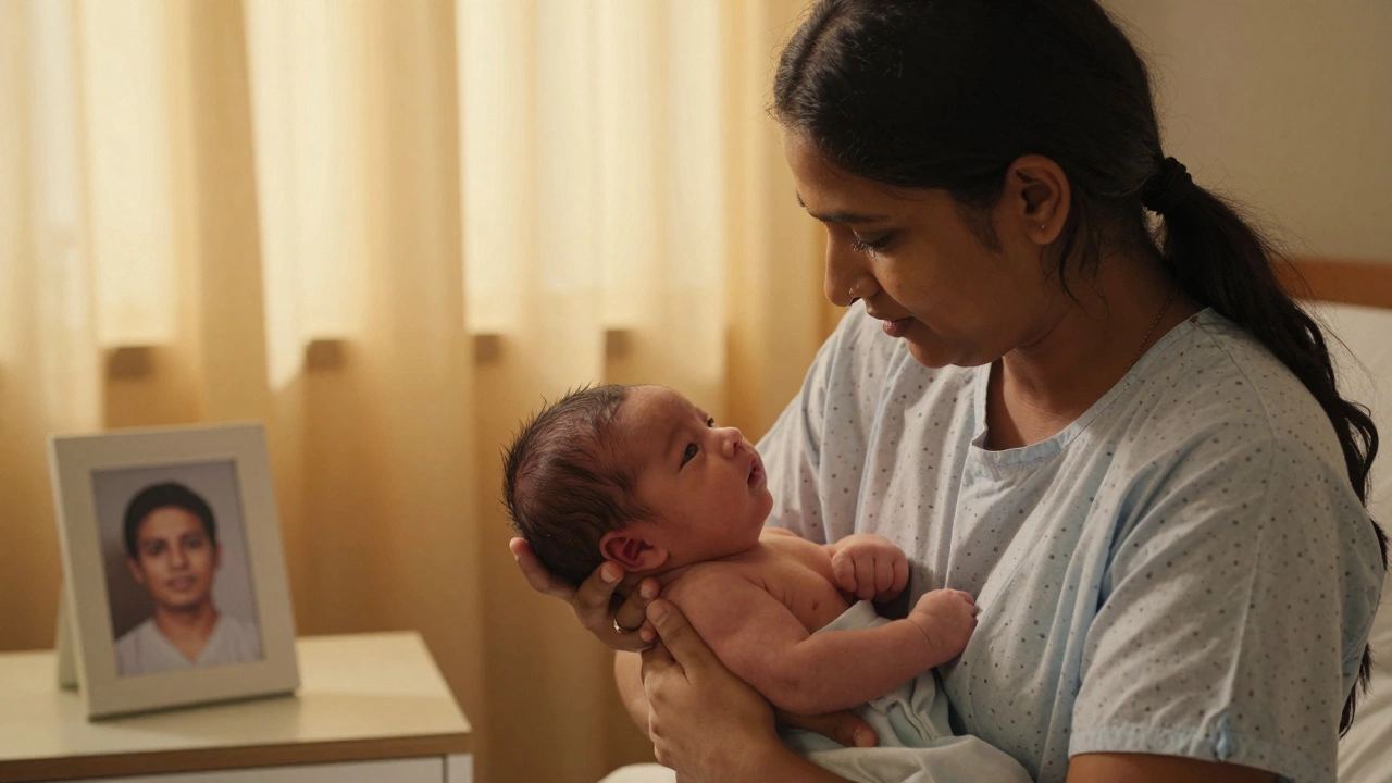 An Indian couple holding their newborn baby, with donor photos on the bedside table.