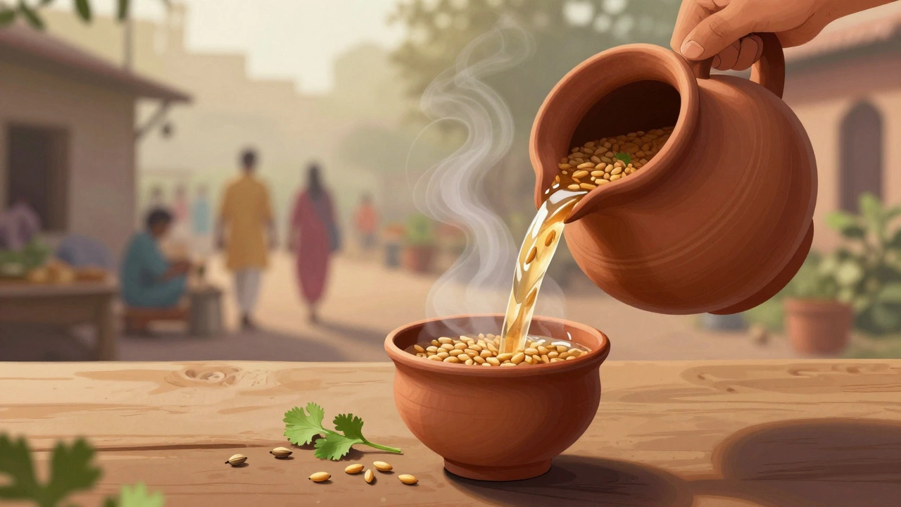 Barley water being poured from a clay pot into a cup, with coriander seeds on a wooden table.