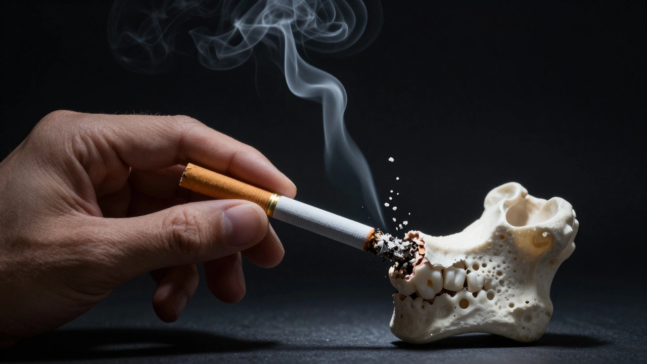 Cigarette beside dental implant, smoke transforming into crumbling bone fragments.