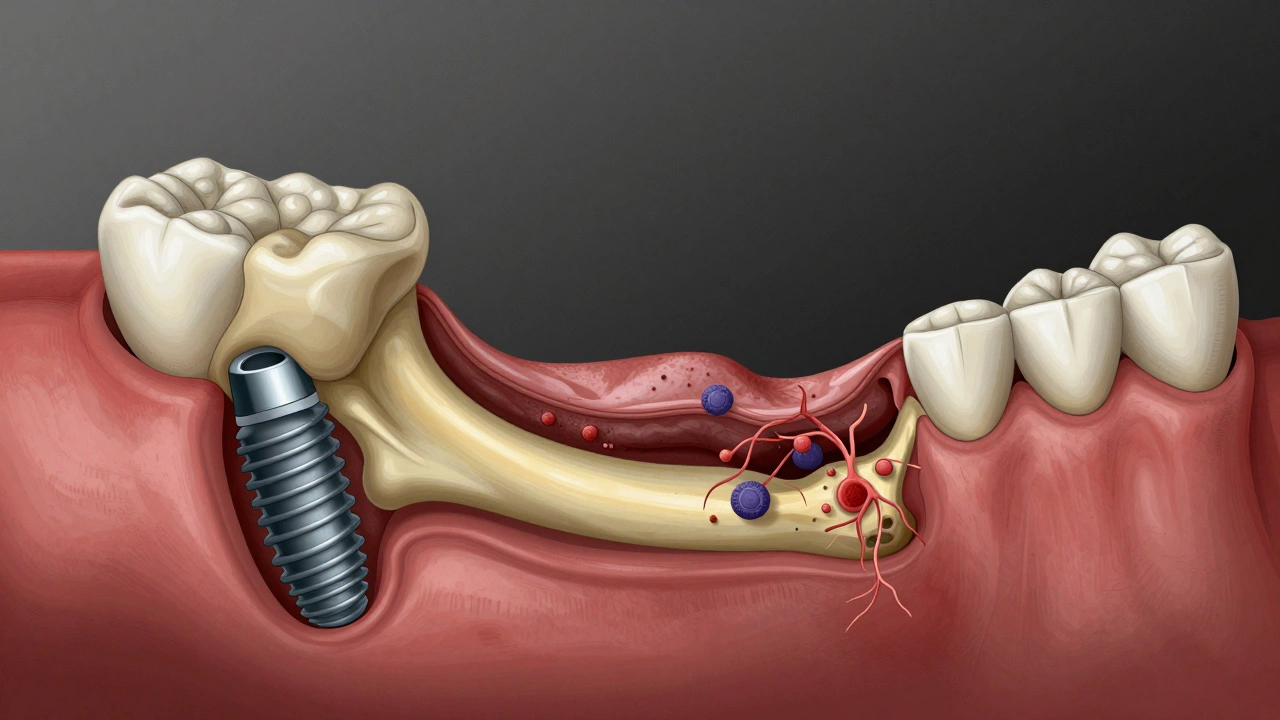 Cross-section of jawbone showing healthy implant integration versus infected, deteriorating bone.