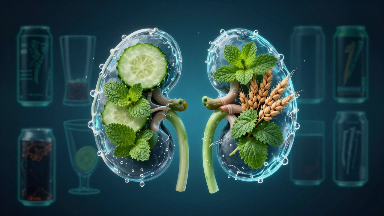 Kidney shaped from water with natural ingredients integrated, harmful drinks fading in background.