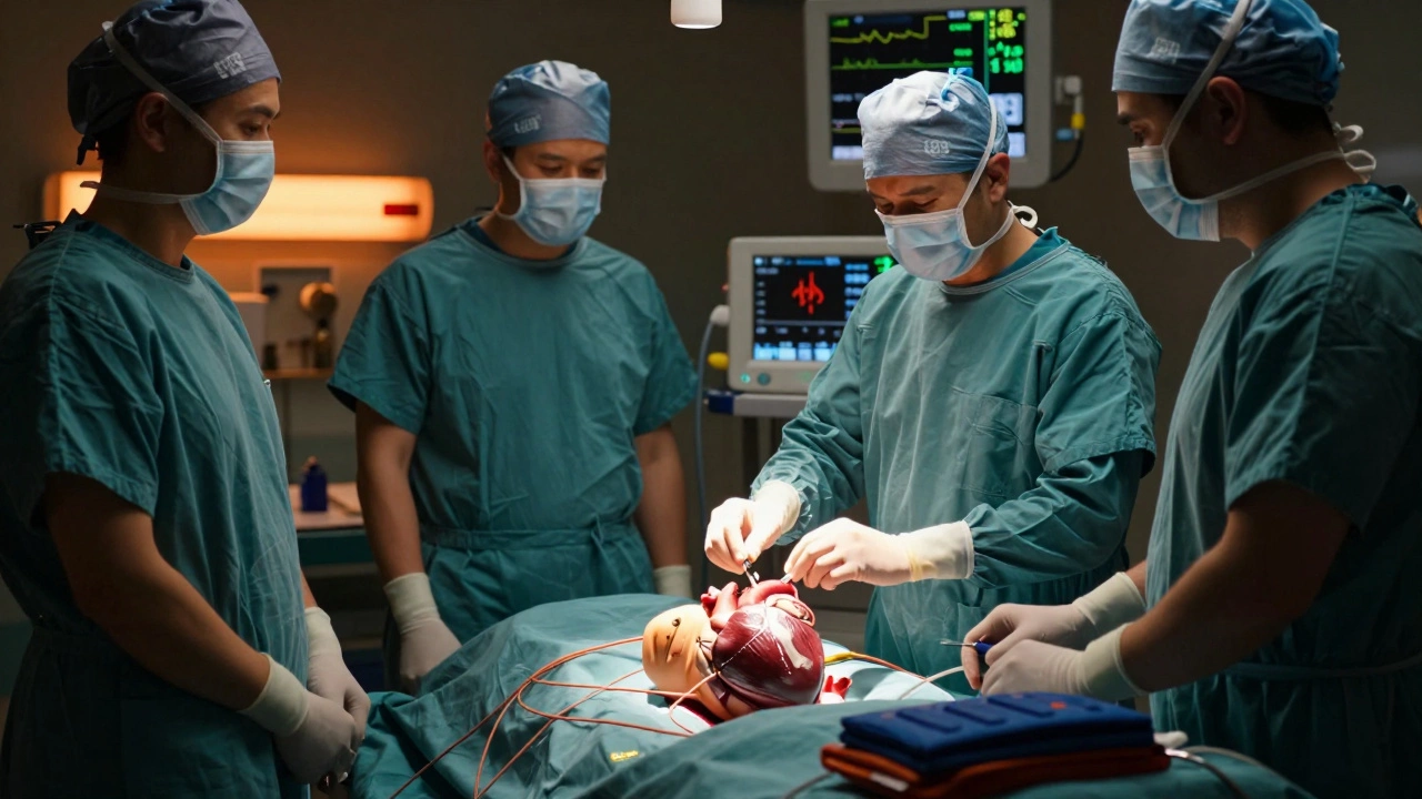 Medical team preparing to restart a heart with pacing wires and defibrillator during emergency in OR.