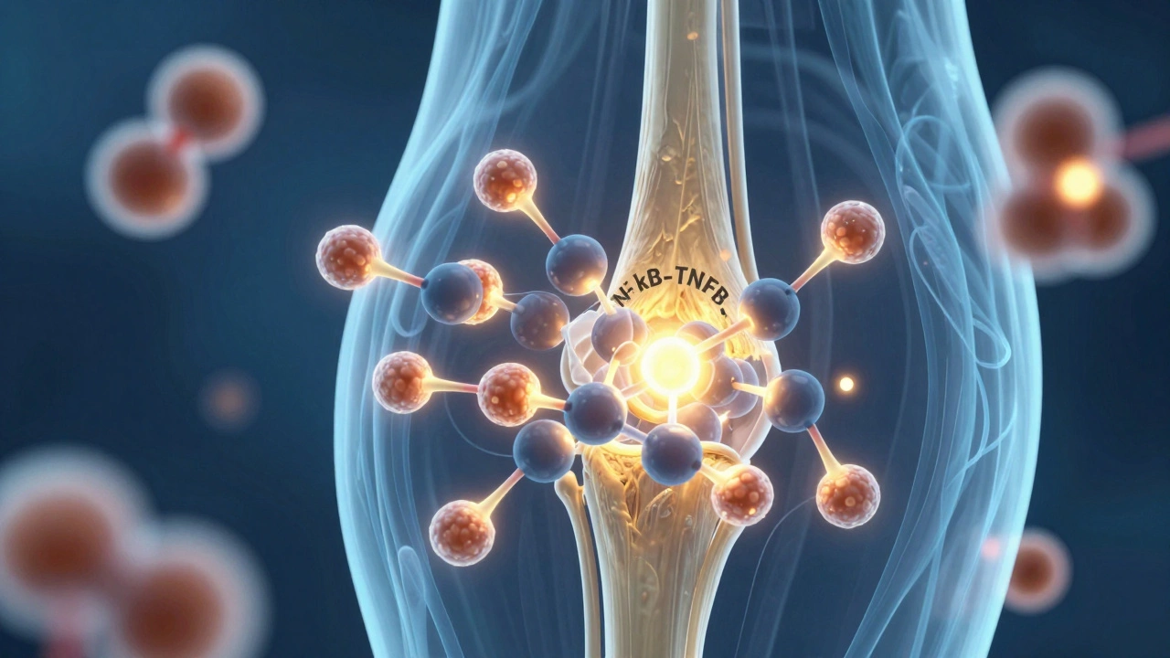 Molecular view of curcumin blocking inflammation in a joint with piperine enhancing absorption