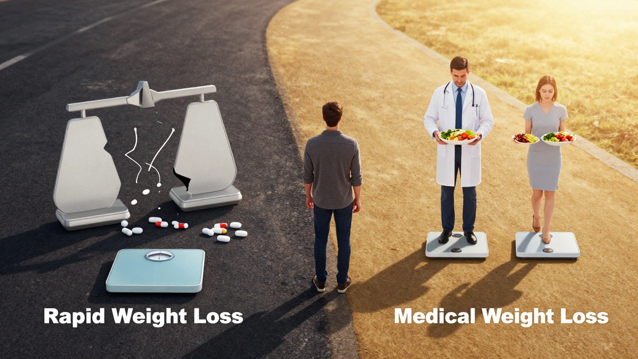 Person choosing between dangerous quick weight loss and safe medical approach