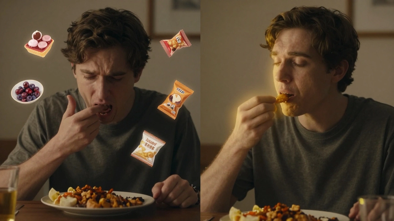 Person comparing feelings of intense hunger versus calm satisfaction after eating a small meal.