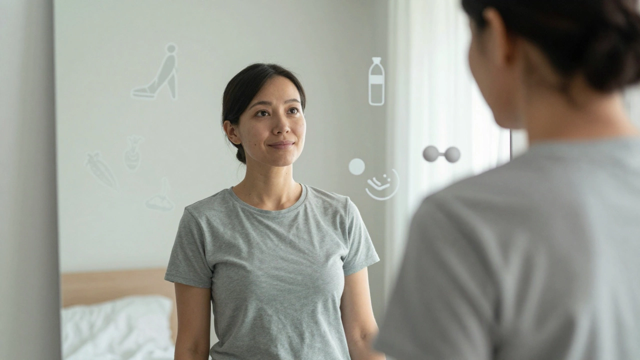 Person looking in mirror with symbols of healthy habits surrounding them, representing sustainable weight loss.