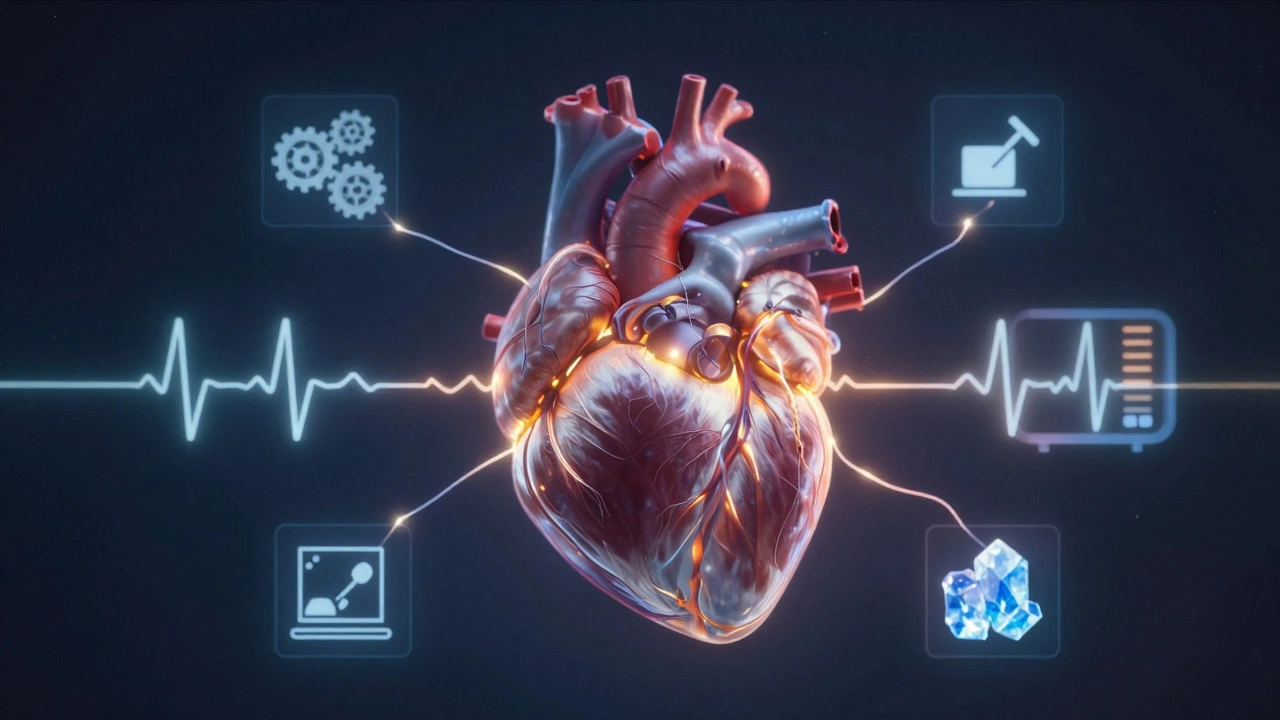 Suspended heart glowing with life, surrounded by floating symbols of life-support systems in dark space.