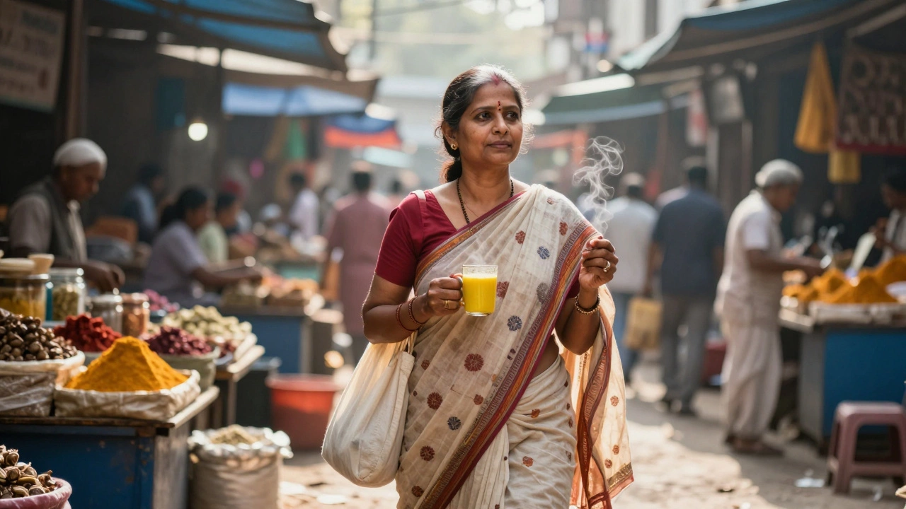 Woman walking confidently in Bangalore market holding golden milk