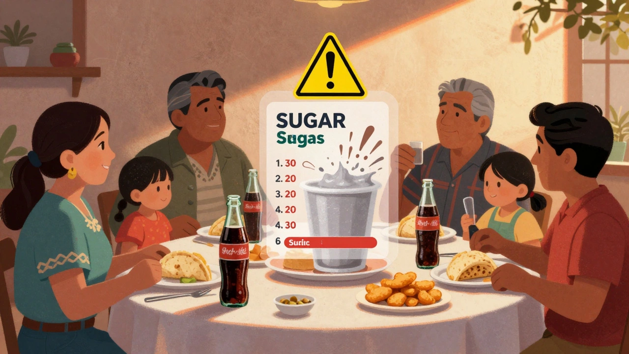 A Mexican family eating soda and fried snacks instead of traditional food, sugar levels visually exploding above their meal.