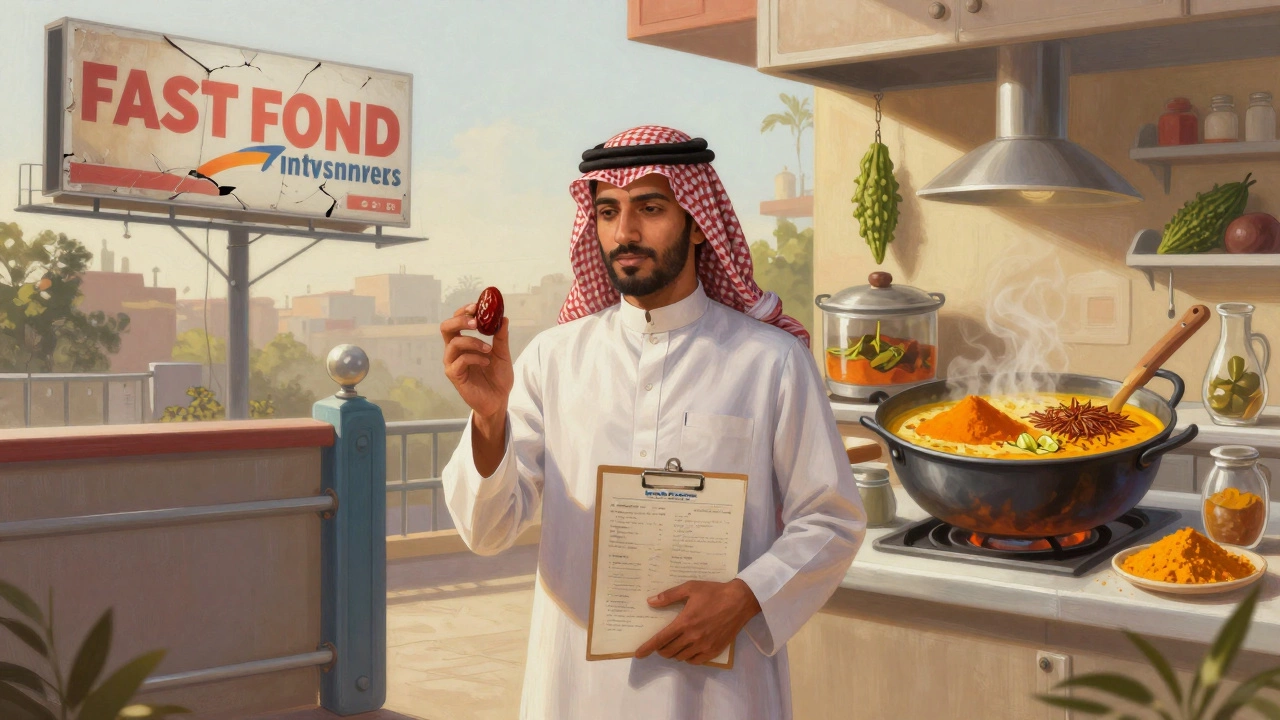 A patient from Saudi Arabia at a hospital in India, holding a date and medical file, with a traditional kitchen in the background.