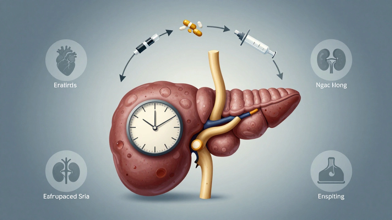 Abstract illustration of a pancreas losing function over time, with pills transitioning to insulin injections.