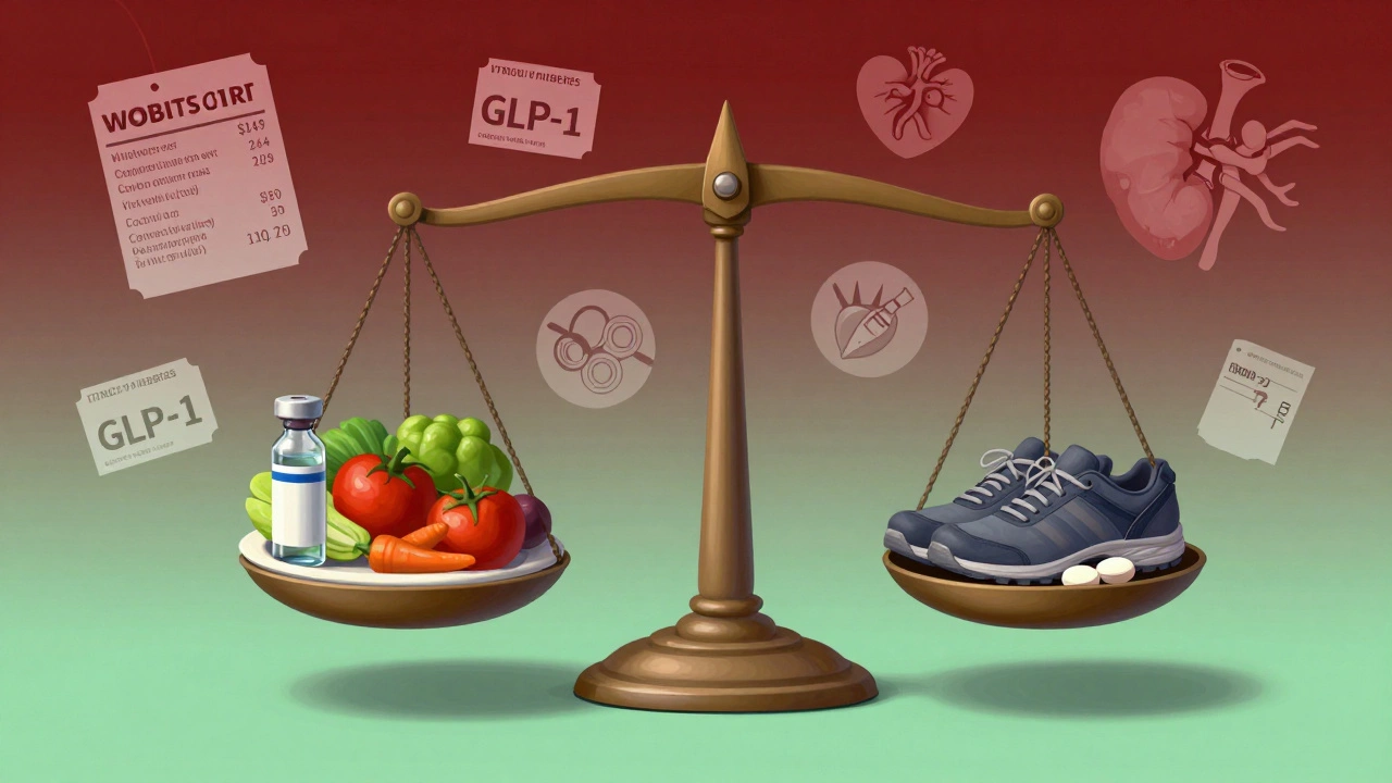 Balance scale with diabetes medicine and lifestyle items, symbolizing personalized treatment for diabetes.