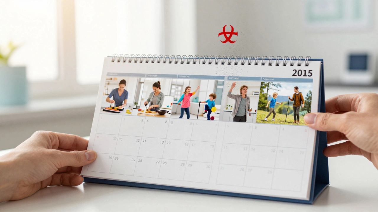 Calendar flipping years as cancer symbol fades, showing patients living fully.