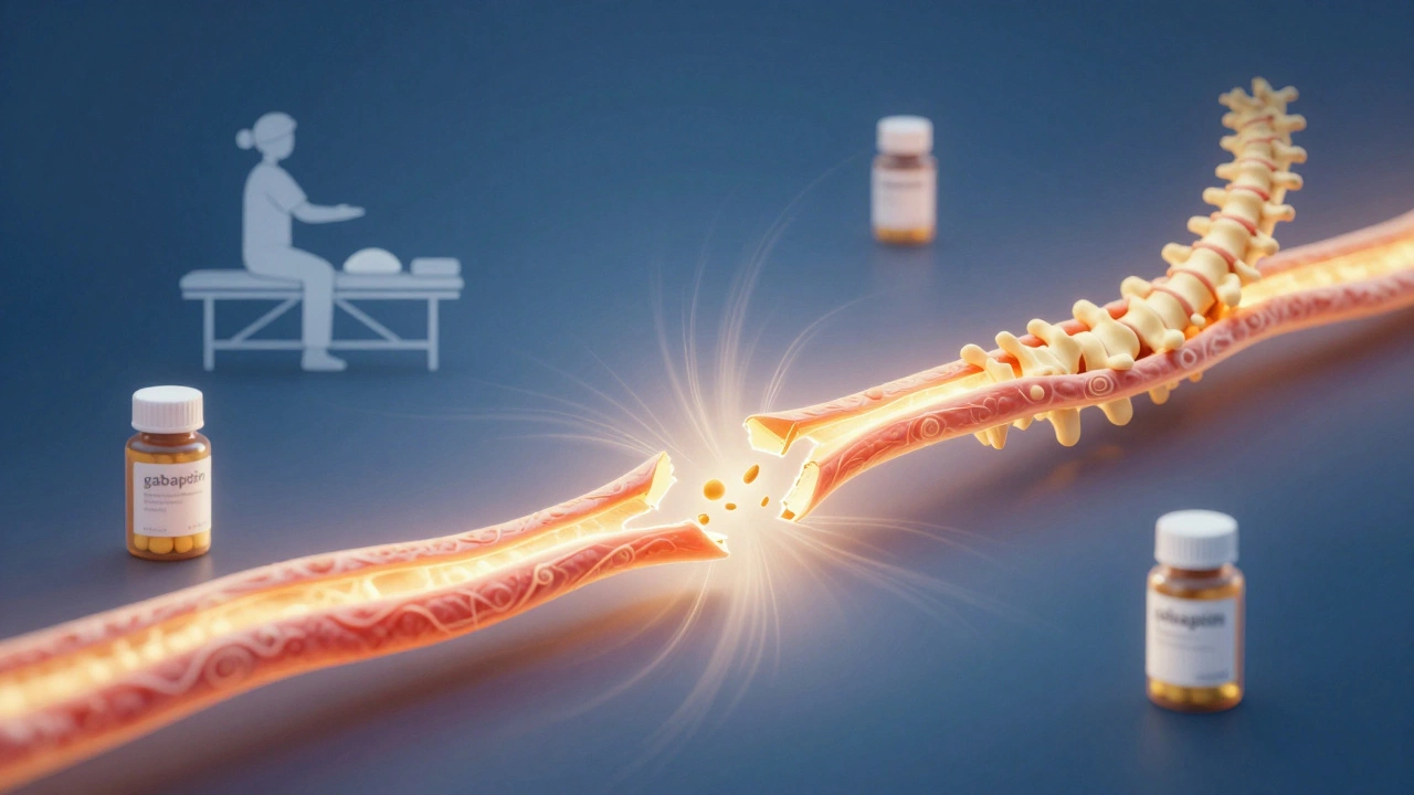 Healing nerve pathway with symbols of treatment: therapy, medication, and spinal decompression.