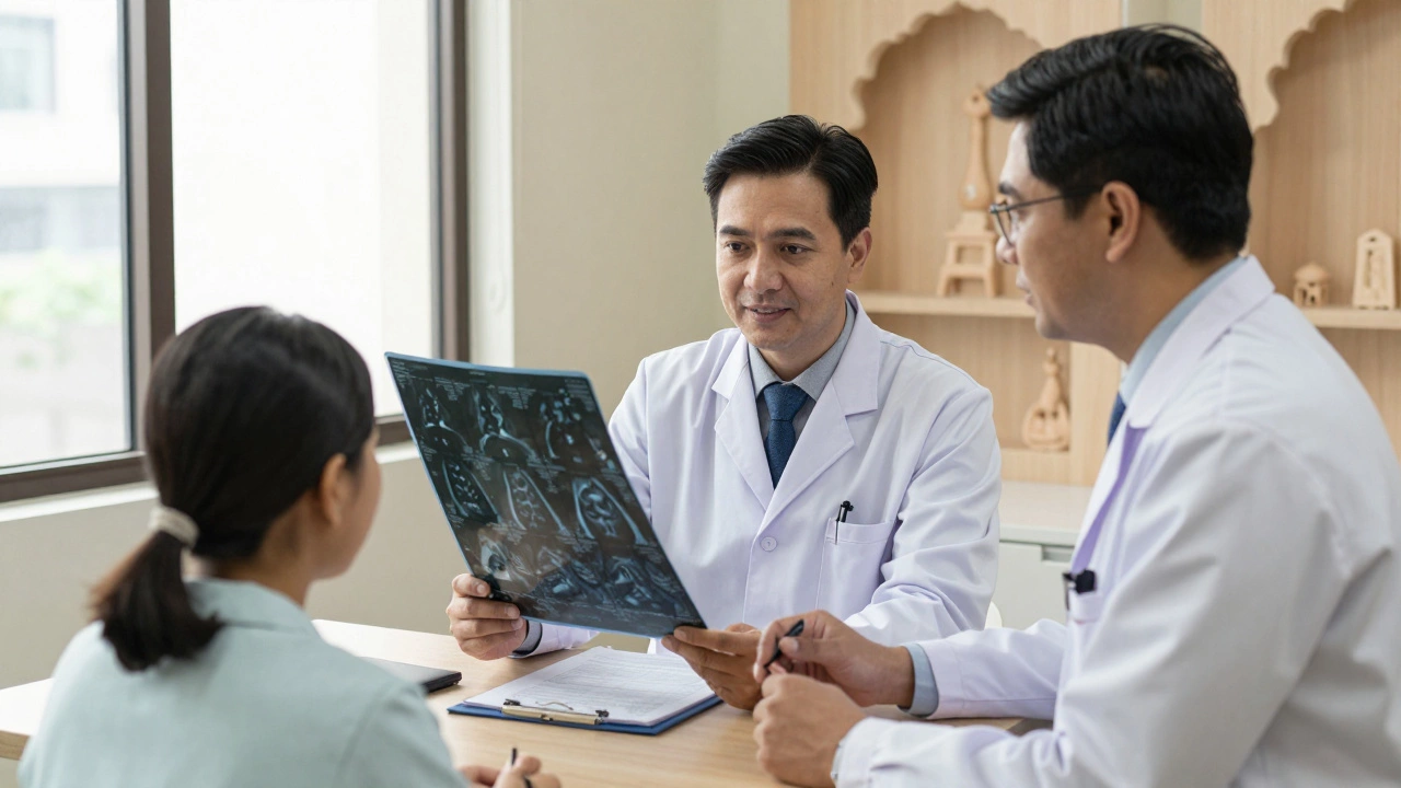 Orthopedic specialist and neurologist reviewing an MRI together in a hospital.