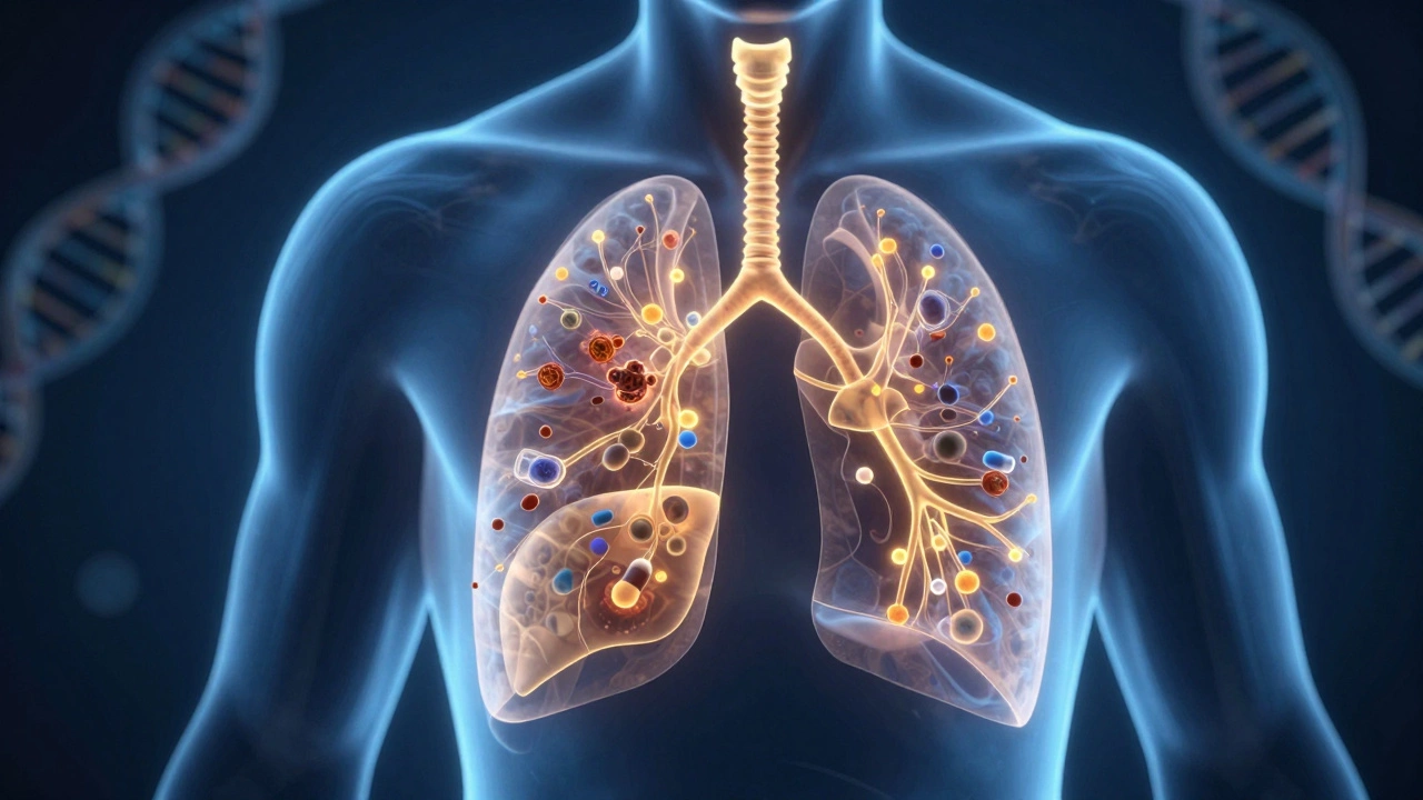 Transparent human body with glowing targeted therapies attacking cancer spread.