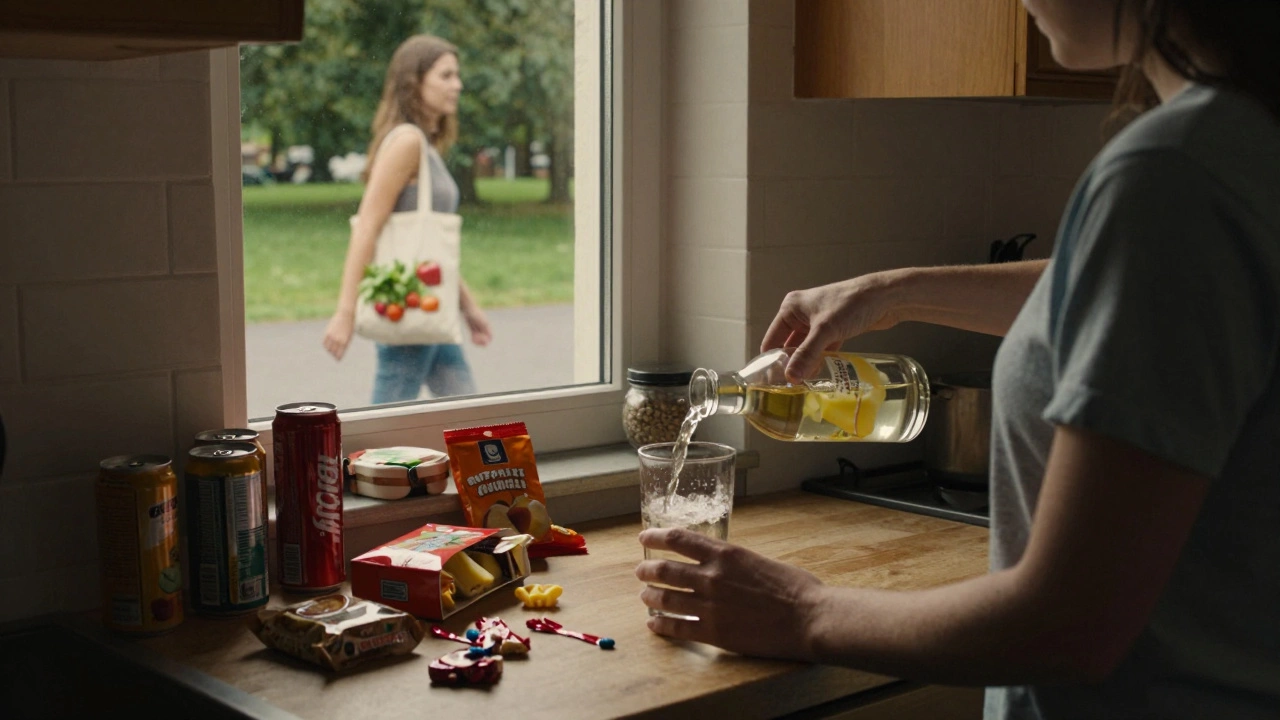 Woman pouring apple cider vinegar in water, with unhealthy snacks on counter and healthy lifestyle reflected in mirror.