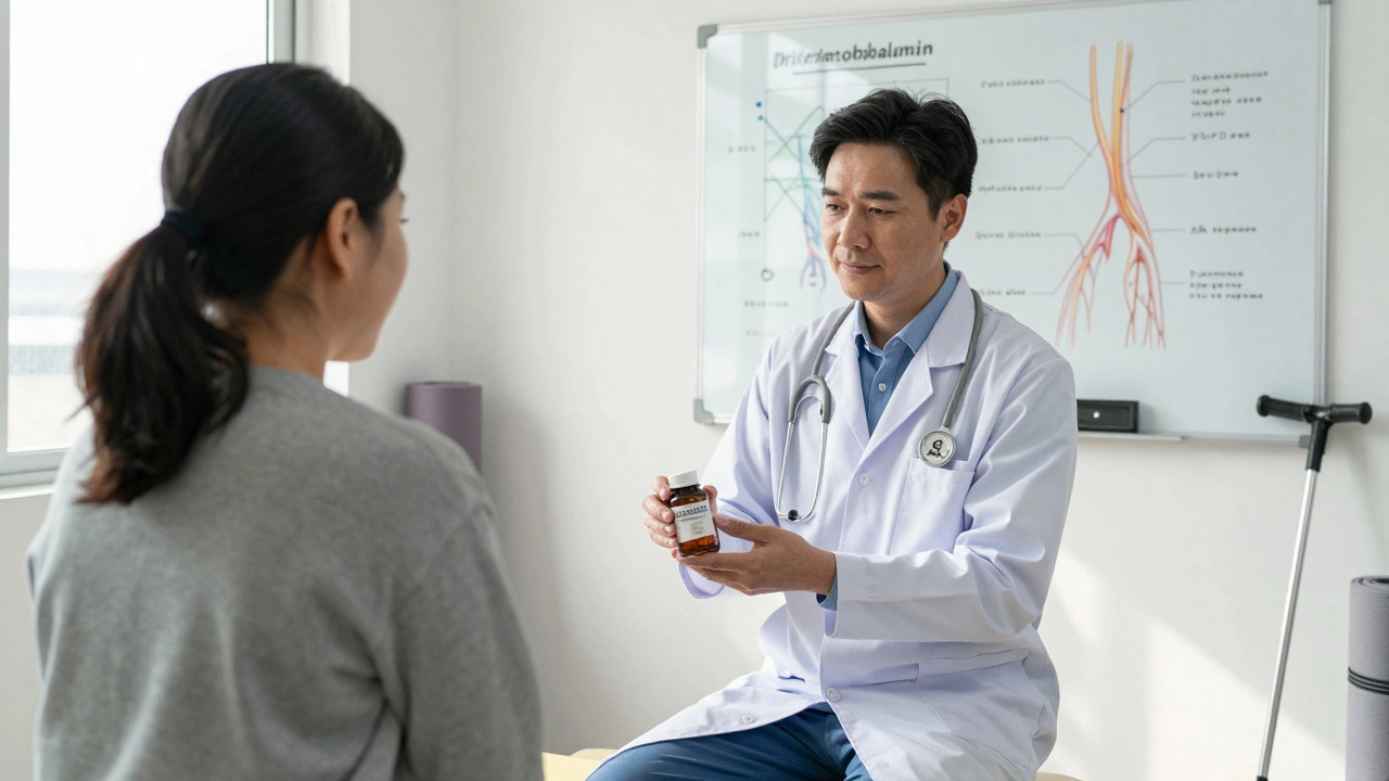 A doctor in India handing a patient methylcobalamin tablets, with nerve diagrams and recovery tools visible.