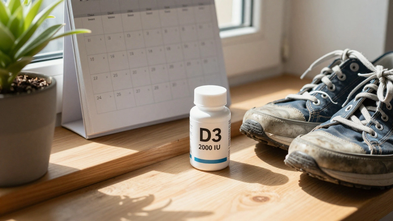 A vitamin D3 supplement bottle on a windowsill beside sneakers and a crossed-off calendar, bathed in morning sunlight.
