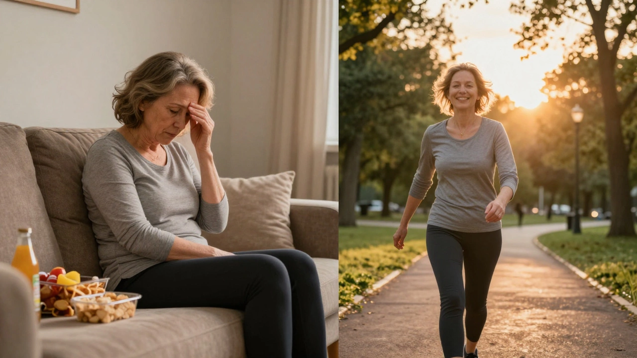 Contrast between a tired woman eating junk food and an energetic woman walking at sunset.