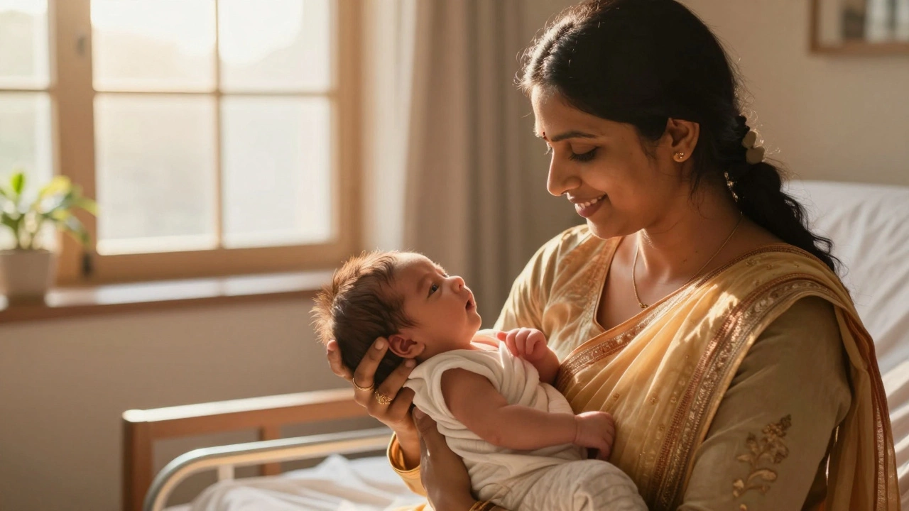 Indian mother holding healthy newborn with loving embrace