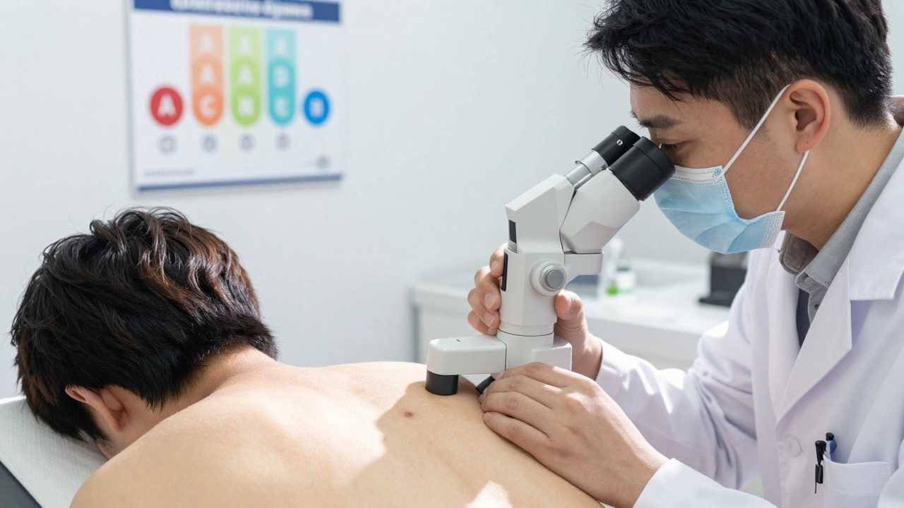 A dermatologist examining a mole with a dermatoscope in a clinic.
