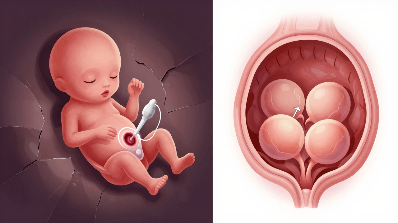 A scientific split-image showing healthy embryo transfer versus aging ovary with abnormal eggs.