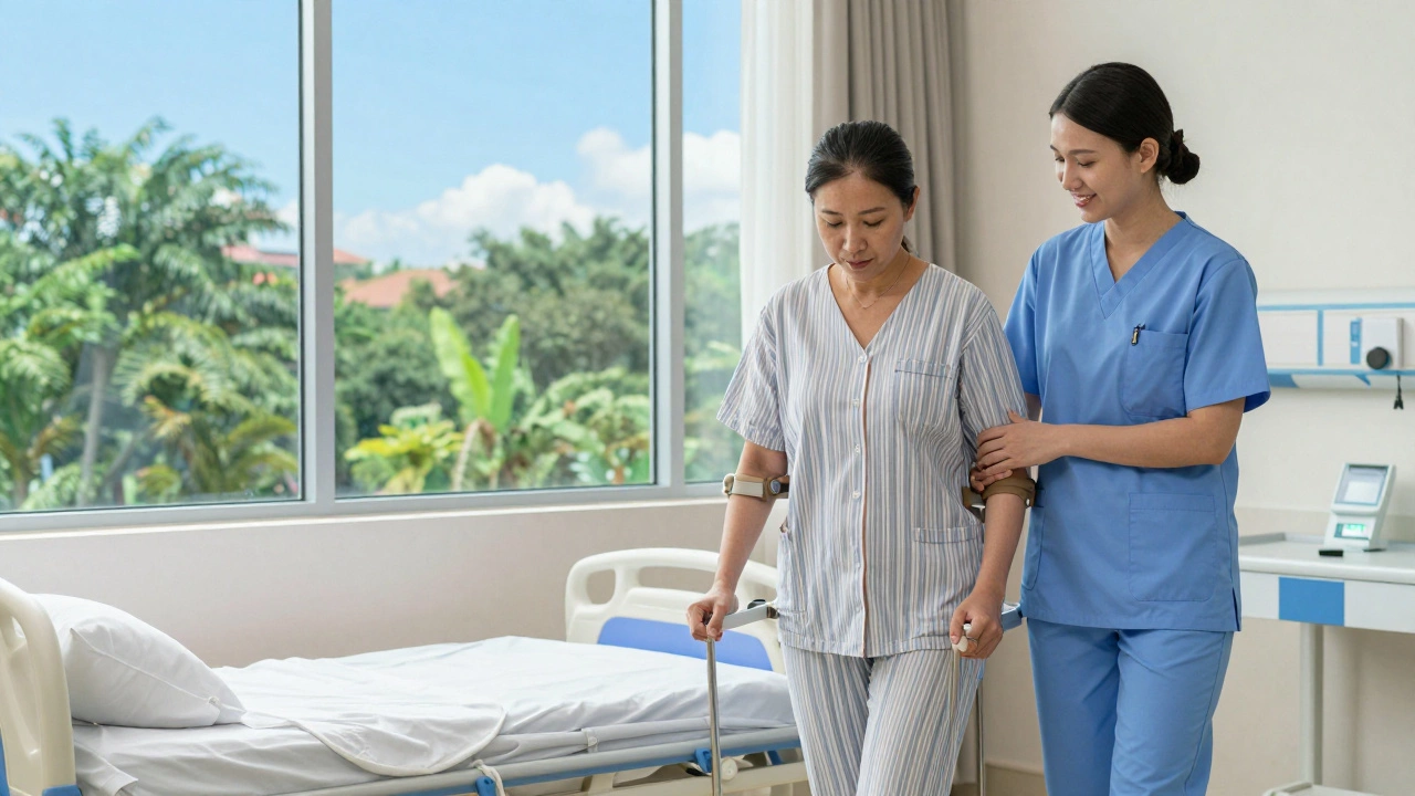 A woman walking with support during recovery in a Malaysian hospital room, overlooking green landscapes.