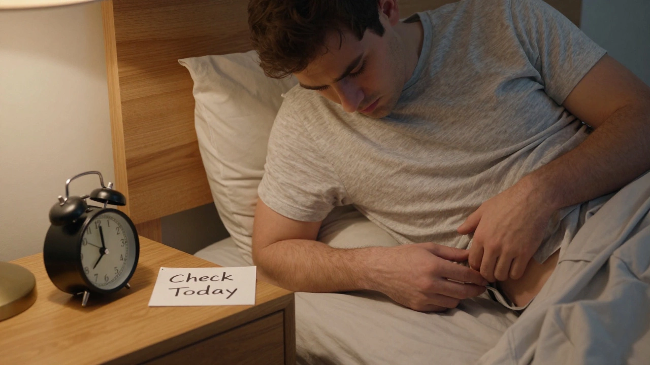 A young man performing a testicular self-exam in his bedroom.