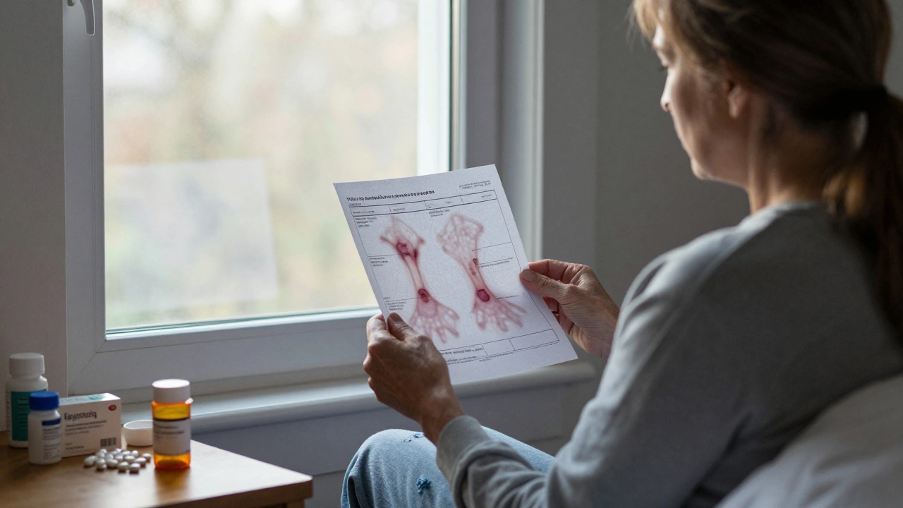 An elderly woman sitting by a window holding a scan report, with ghostly cancer shadows and medication bottles on the nightstand.
