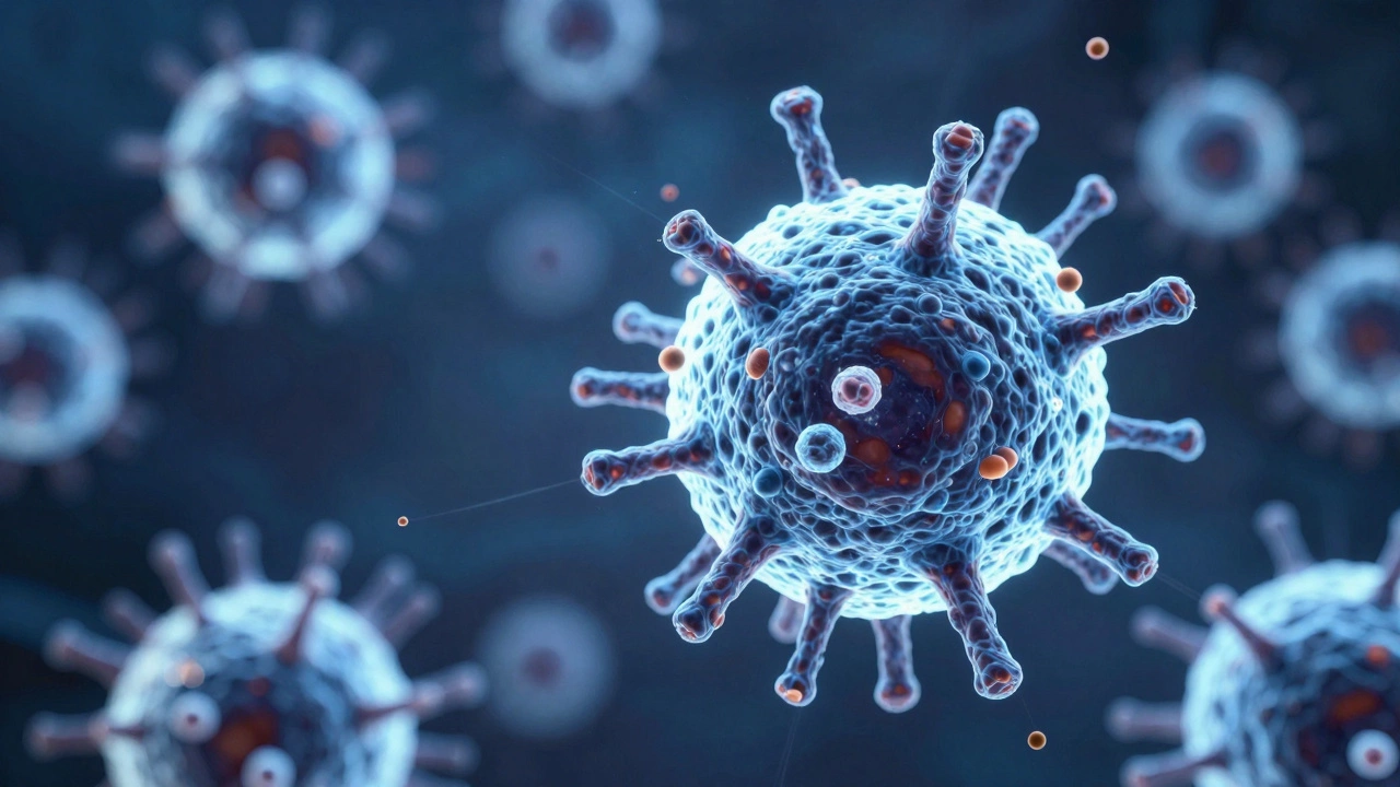 Glowing immune cells attacking dark cancer clusters under microscopy