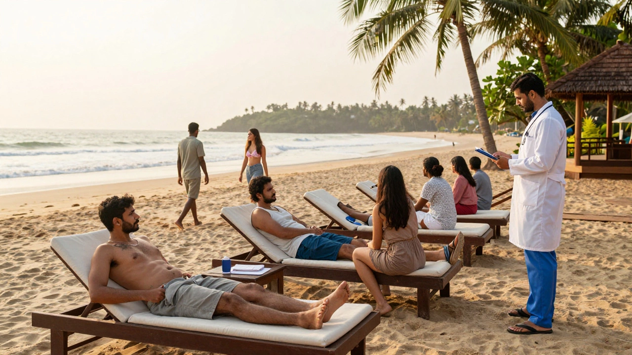 International patients recovering peacefully on a beach in Goa, India, under golden hour light.