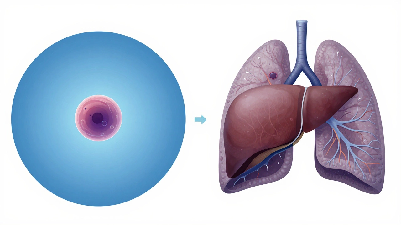 Pancreatic cancer spreading aggressively to liver and lungs, contrasting early stage versus advanced metastasis.