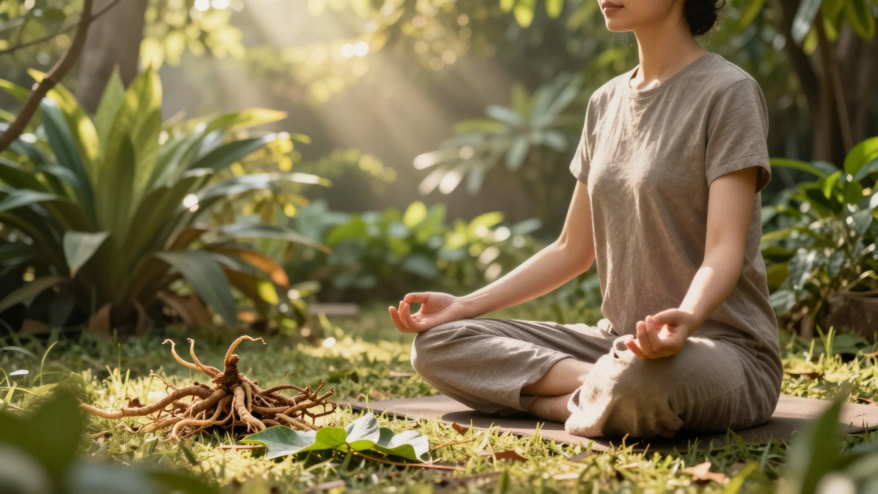 Person meditating in garden surrounded by greenery and herbs.