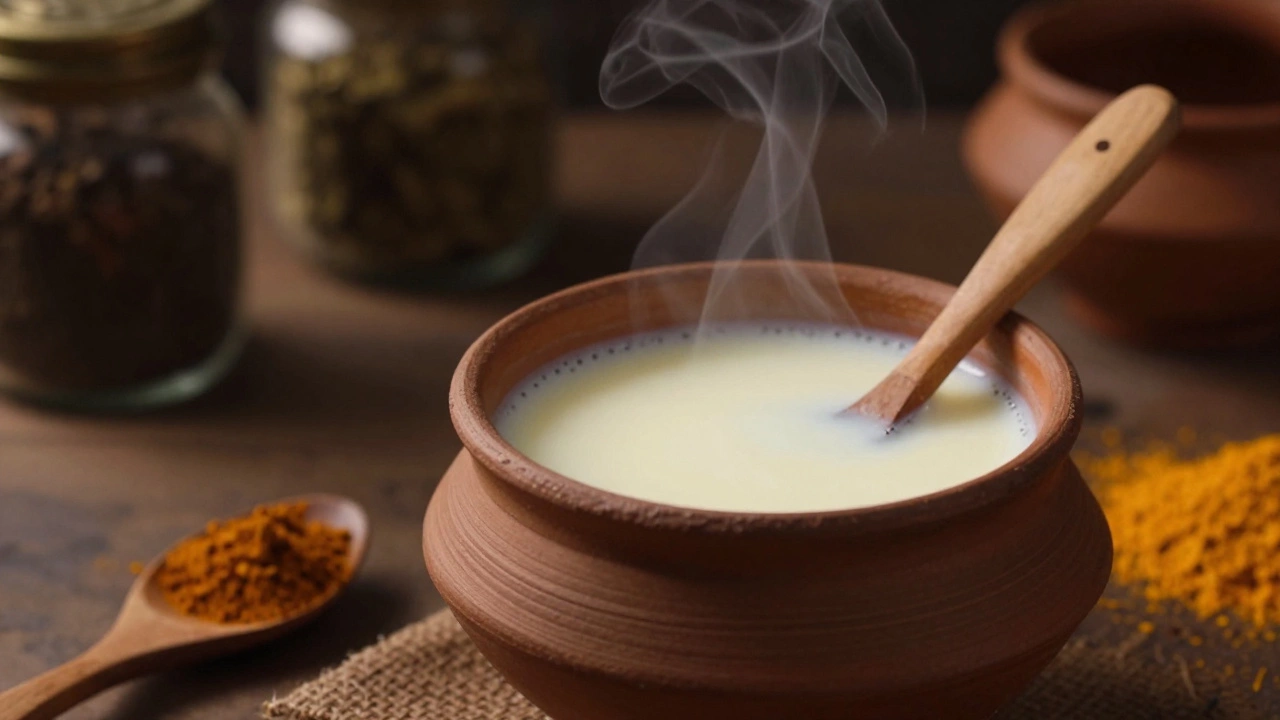 Traditional clay bowl with warm milk and Ashwagandha root powder.