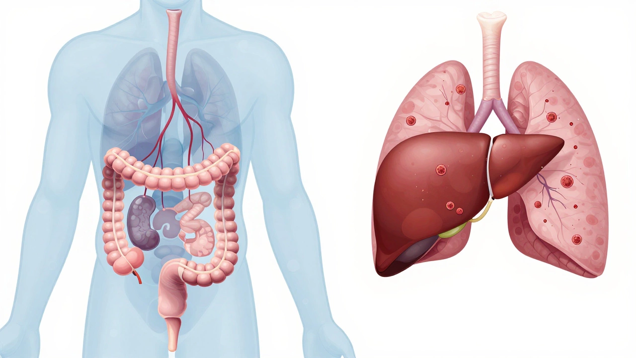 Transparent human body illustration comparing localized tumor spread to distant metastases in stage 3 versus stage 4 cancer.